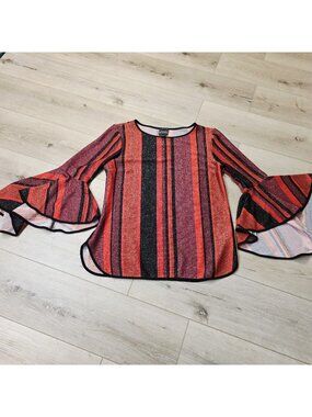 Coco Bianco Shimmer Striped Bell Sleeve Boho Chic Blouse Red Black Sz M Sparkle